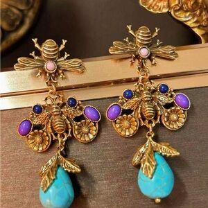 Elegant Gold Bee Earrings with Turquoise and Purple Stones